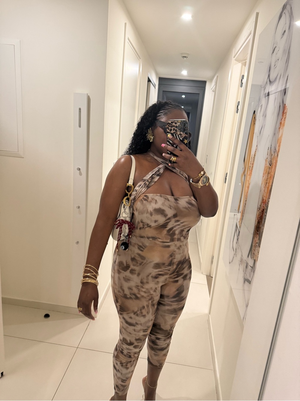 Fashion Nova Taupe Tie-Dye One-Shoulder Jumpsuit
